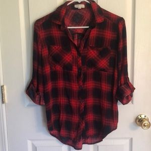 Love Notes Red and Navy plaid button down shirt.